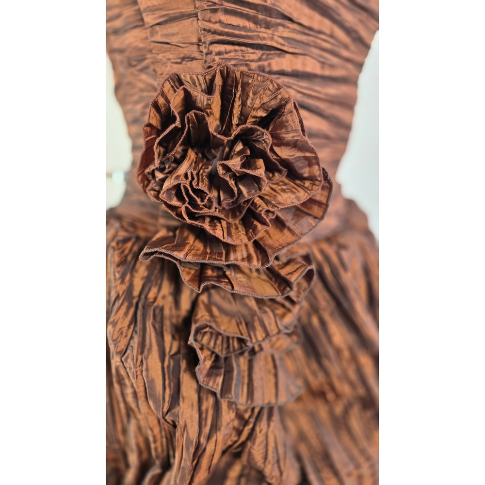Vintage Bronze Metallic Strapless Tiered Ruffle Floral Formal Ballgown Gown - Picture 6 of 12
